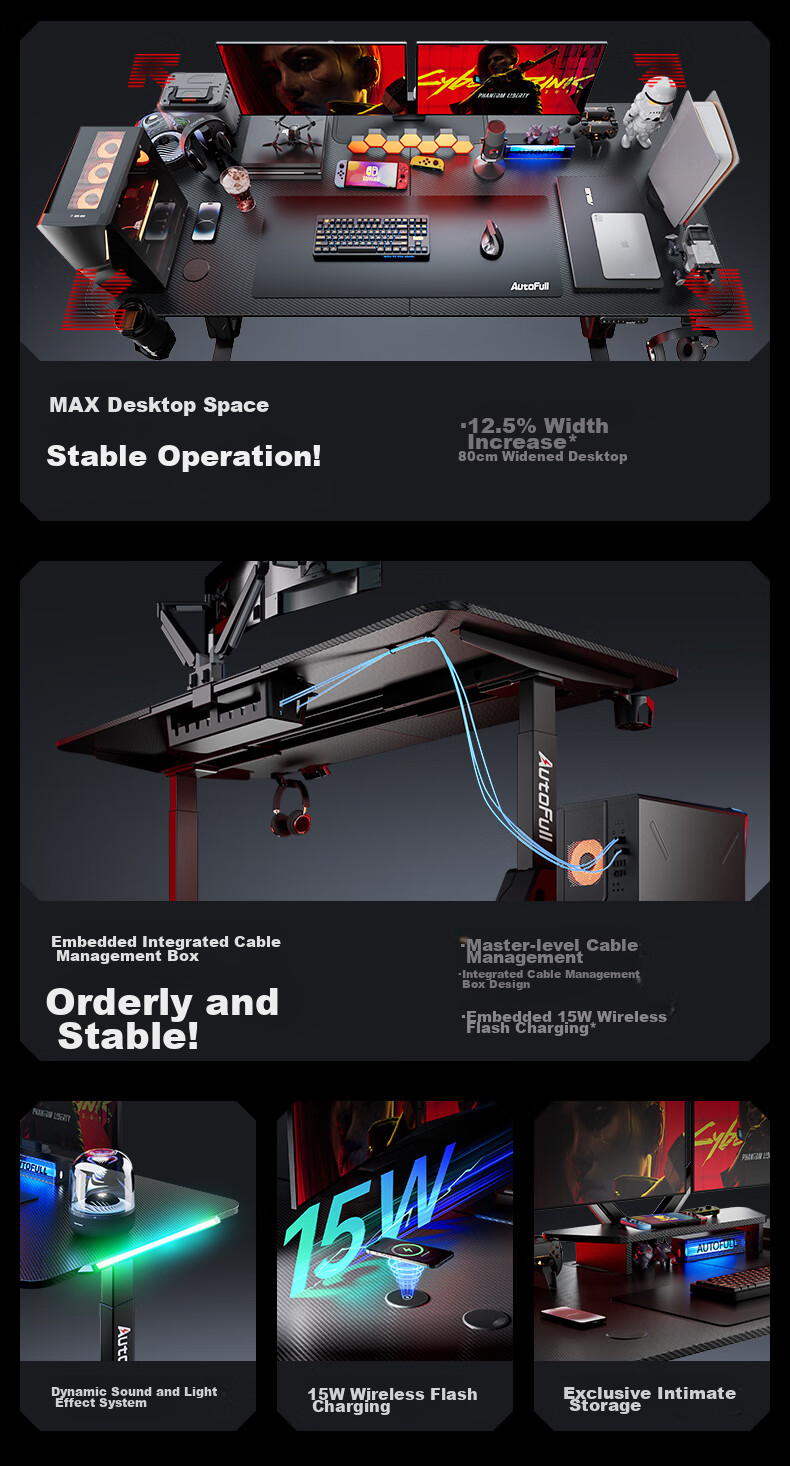 AOFENG A4Pro Gaming Desk Solid Wood Electric Height Adjustable Computer Desk Office Desk Black 1.8*0.8m 4