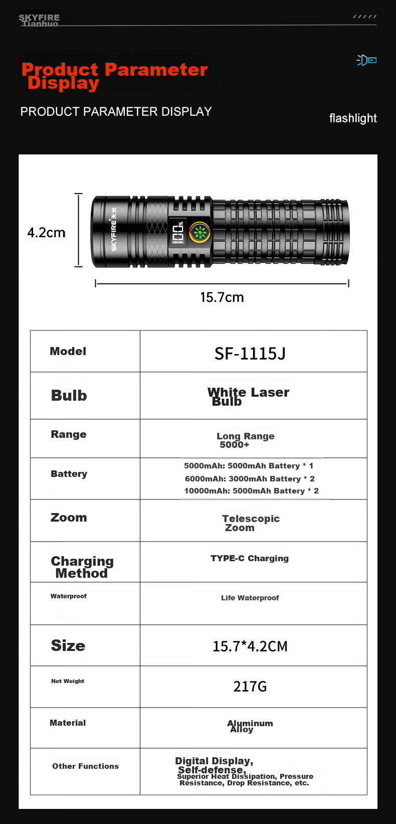 SkyFire Flashlight, High Brightness, Long Battery Life, Outdoor Survival, Ultra-Bright Laser, Outdoor And Home Use, Military-Grade, Compact Specialized Illumination Lamp 17