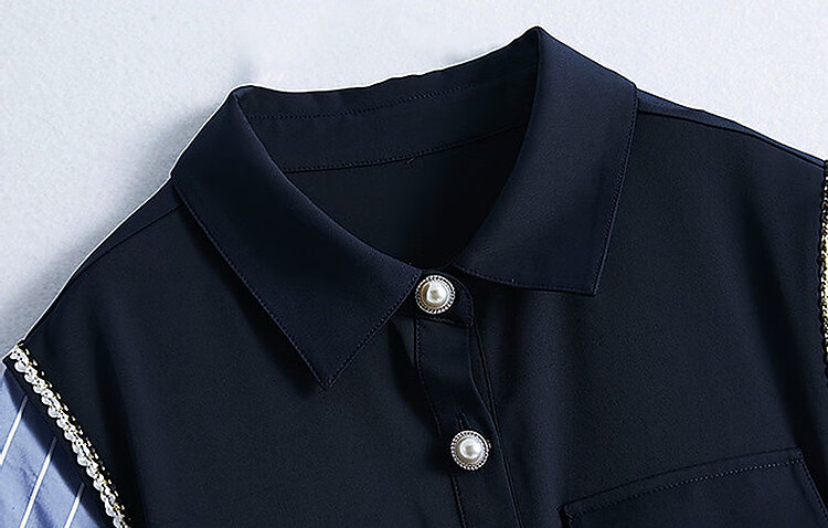 Dme [French Light Mature Commuter Style], Summer Simple Style, Turn-Down Collar, Waist-Cinching Short-Sleeve, Vintage Striped Patchwork Dress for Wome 10