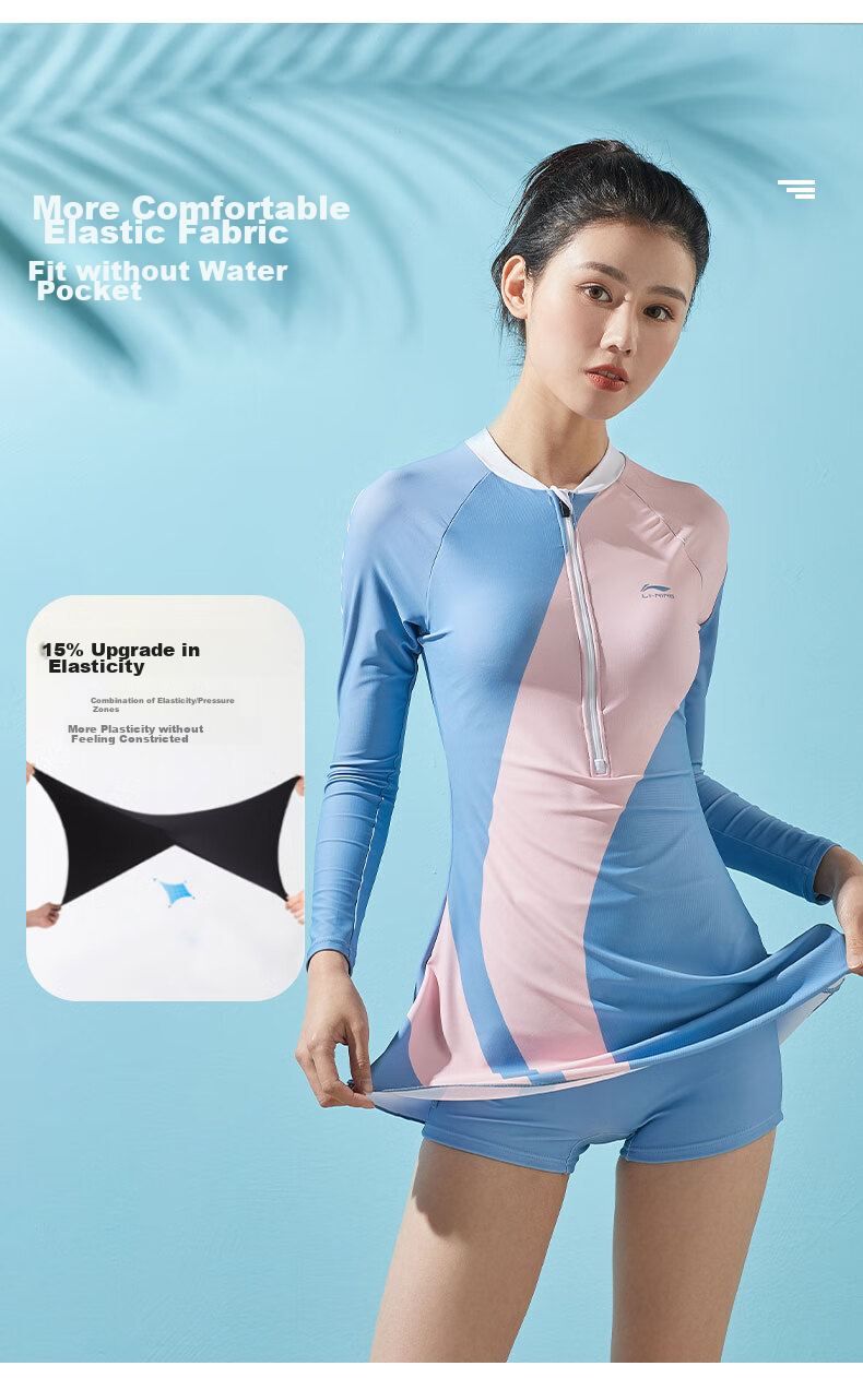 Li-Ning Women's One-Piece Swimsuit with Long Sleeves And Skirt, Color Block Design, High Elasticity, Breathable, Suitable for Hot Springs And Vacation, Swimwear 026 Black And White XXL 4
