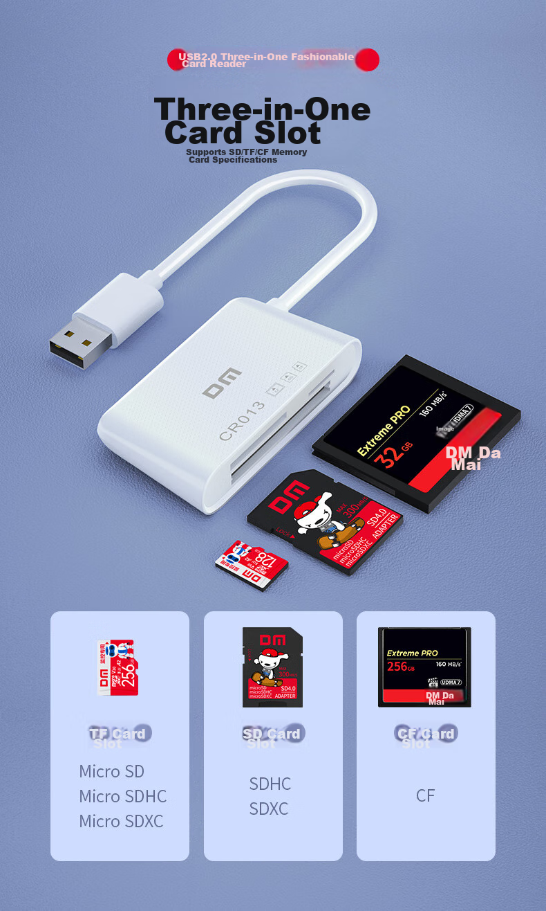 DM Daimai USB2.0 Multifunctional Three-In Card Reader, 15cm, Supports TF/SD/CF And Other Memory Cards for Dash Cam, Phone Card, Camera Storage Memory Card, CR013 2