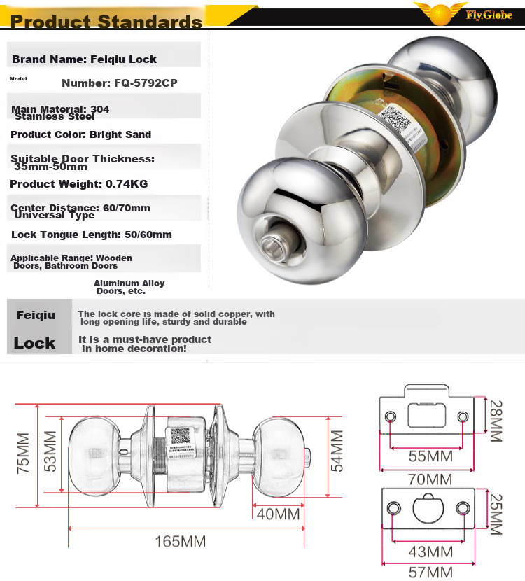 Fly.Globe Spherical Lock, Indoor Bedroom Door Lock, 304 Stainless Steel Ball Lock, with Double Latch 9