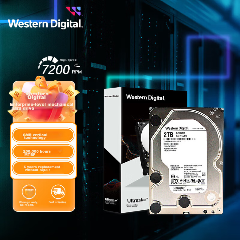 Western Digital (WD) 2TB Enterprise-Grade Mechanical Hard Drive DC HA210 SATA 7200 RPM 128MB CMR Vertical Server Hard Drive 3.5-Inch HUS722T2TALA604
