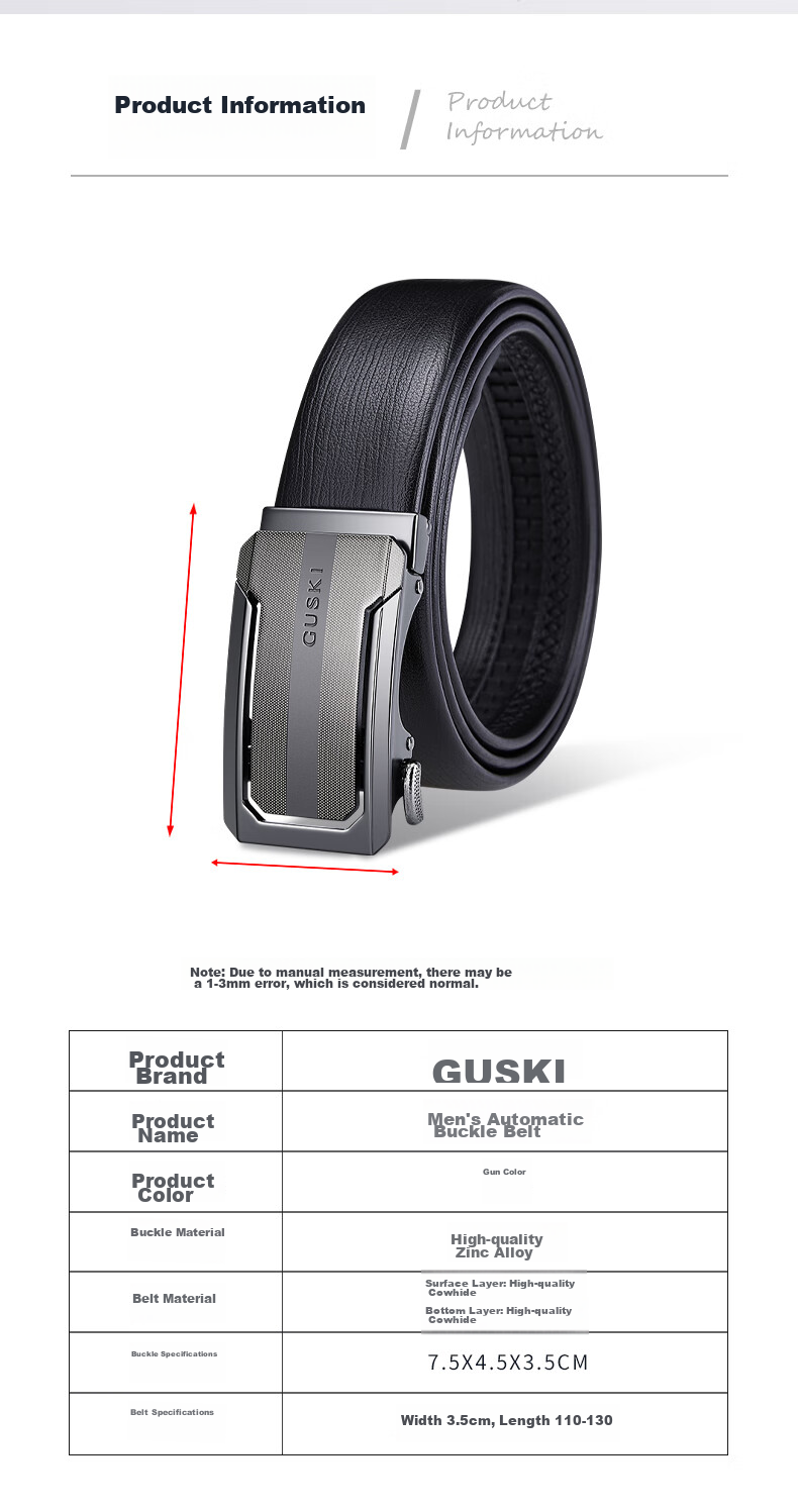 GUSKI Brand Men's Leather Belt with Automatic Buckle, Top-Grain Cowhide Waistband, Gift Box, Birthday Present for Boyfriend Or Husband 15