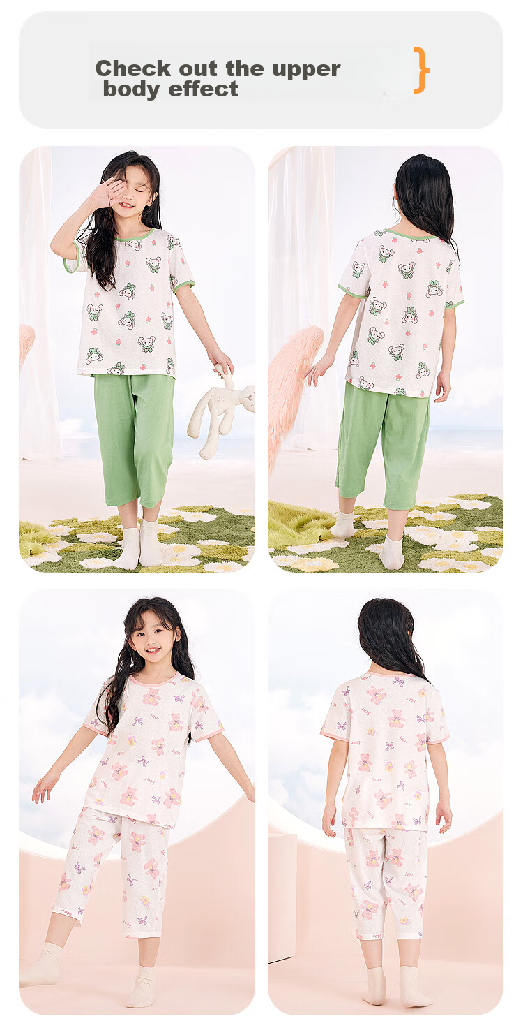 Hodohome Children's Pajamas for Girls, Summer Thin A-Class 40S Pure Cotton Home Wear Short-Sleeve Mesh Breathable Air Conditioning Suit 310 Two 160 11