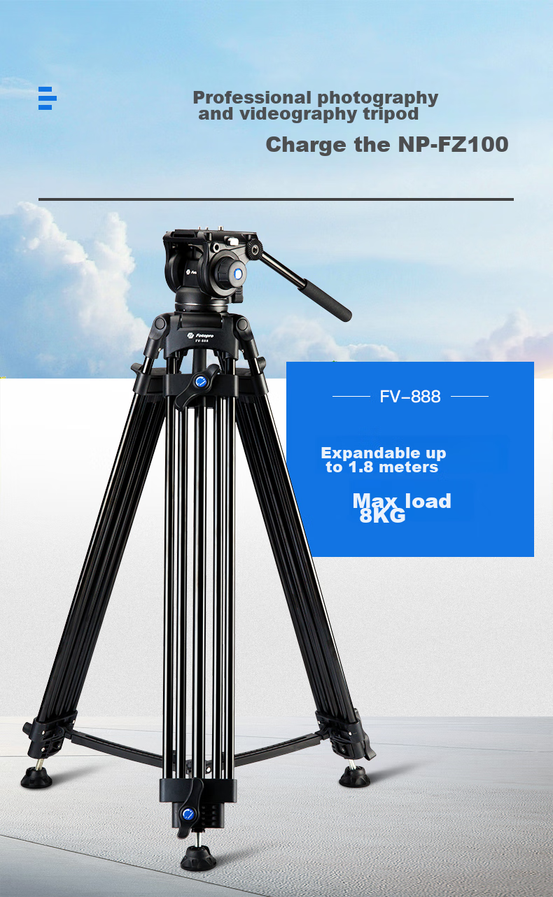 Fotopro FV888 Professional Photography And Videography Tripod, DSLR Camera Stand, Shooting Video Live Streaming Tripod, Hydraulic Head Kit, 1.8m/8kg 1