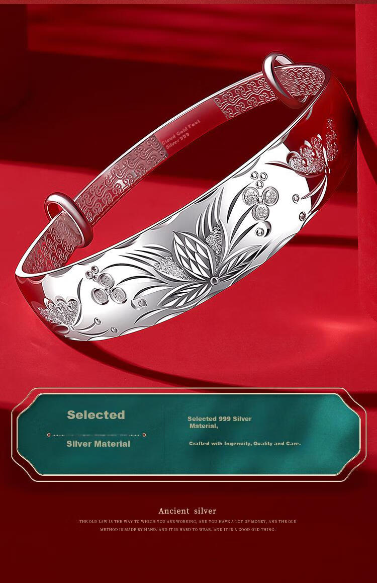 Yunjinli Silver Bracelet for Mom 999 Pure Silver Wide Ethnic Style Embroidered Splendid Years Push-Pull Silver Bangle Birthday Gift for Elders 12