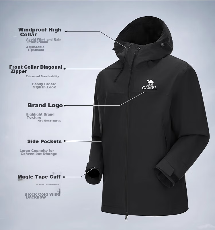 CAMEL Outdoor Hardshell Jacket for Men And Women, Windproof And Waterproof Coat, New Autumn Hiking Wear 2024 [Black Armor] R727 6