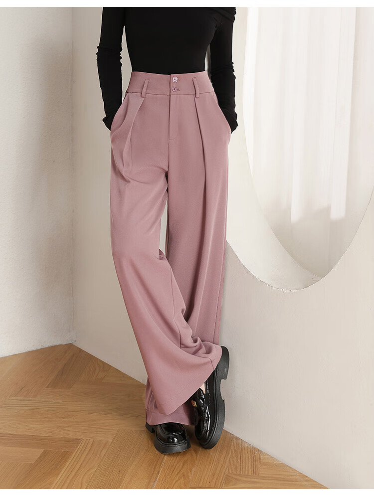Dme Leg-Lengthening Wide Waist Pleated Design Solid Color Versatile Suit Pants for Women Wide-Leg Trousers Autumn Purple-Red M 11