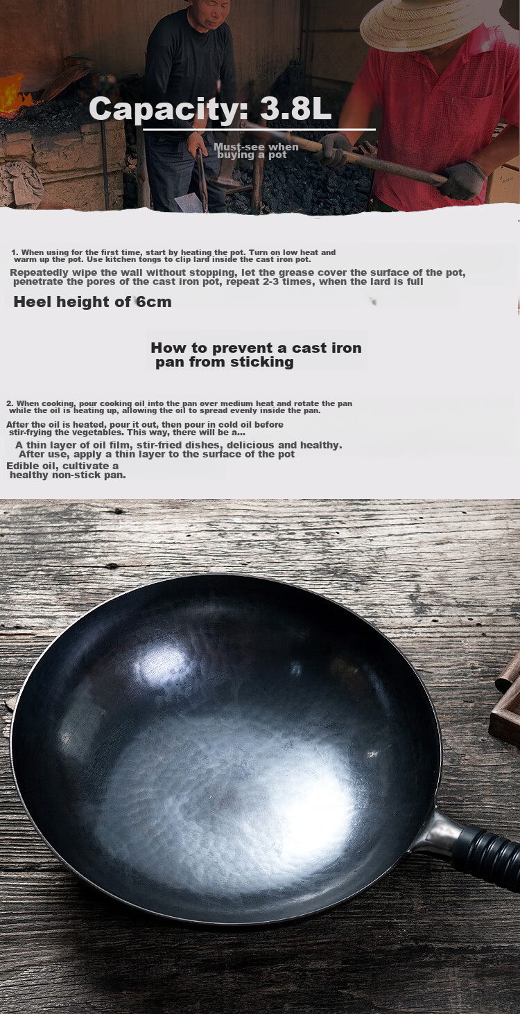 OLOFE Zhangqiu Hand-Forged Small Iron Wok, Large Belly, Non-Coated Stir-Fry Pan, Round Belly Small Hammer Iron Wok, Black Beauty Large Belly Black Iron Wok, 26cm 6