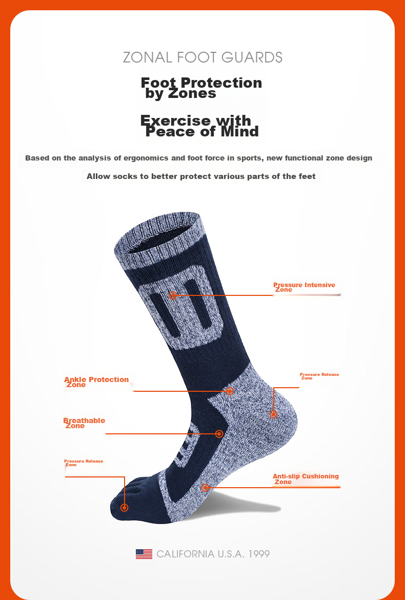 TFO Competition-Grade Outdoor Five-Toe Socks, Terry Socks, Hiking Sports Breathable Toe Socks 2202361 Men's Dark Gray 4