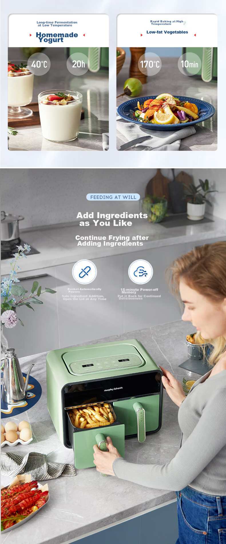 Morphyrichards Air Fryer for Home Use, Dual Compartment 8L Large Capacity, 14 Recipes, 720° Hot Circulation, Double-Bottom Multi-Functional Air Fryer And Oven, MR8100 Gree 13