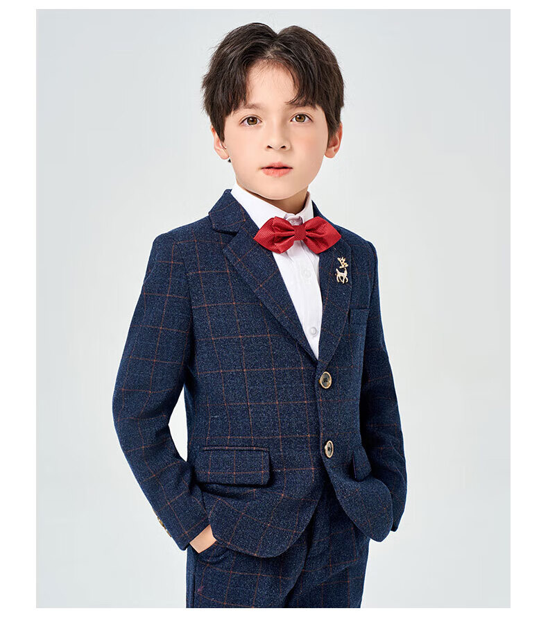 Luomeng Children's Suit Set, Flower Boy Host Formal Wear, Boys' First Birthday Piano Performance Outfit, Navy Blue And Yellow Plaid, Size 120 7