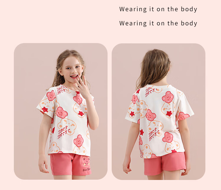 LangSha Children's Pajamas, Girls' Summer Thin Pure Cotton Sleepwear for Older Children And Teenage Girls, Short-Sleeve Home Wear Set, Pink, Size 130 12