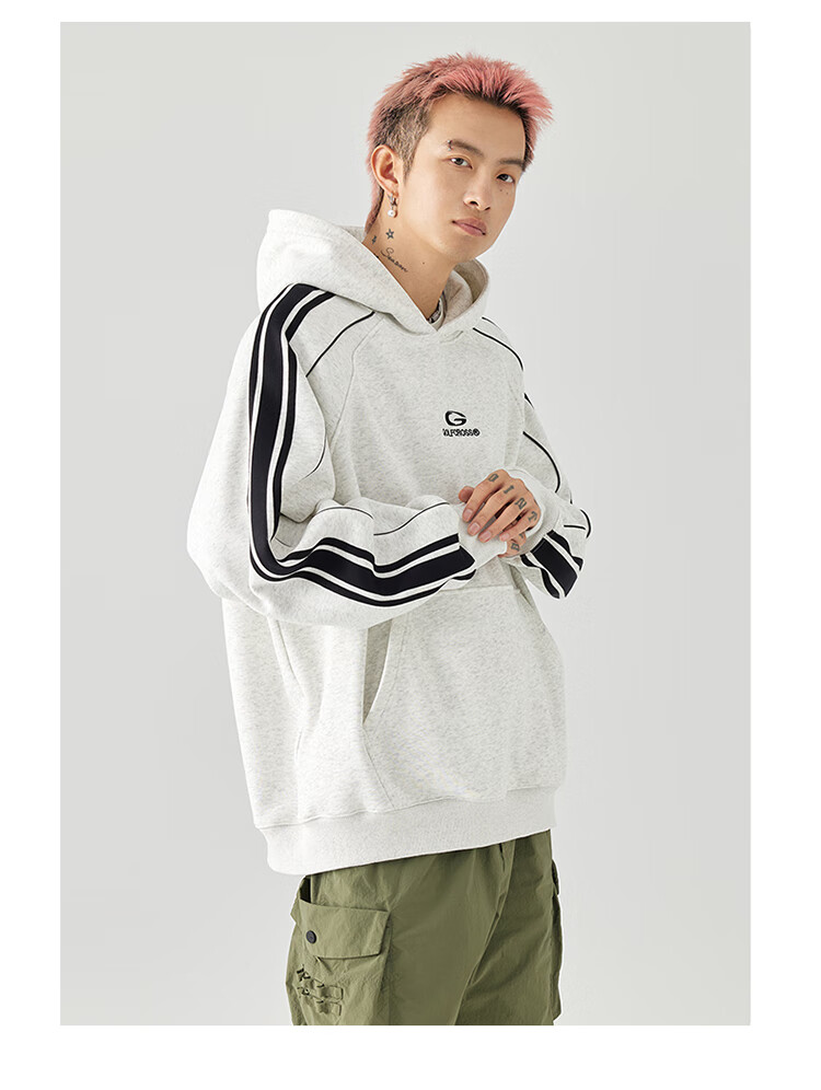 GOLFCROSS Couple's Retro Academic Style Striped Patchwork Color-Block Letter Embroidery Hoodie, Black, XXXL 17