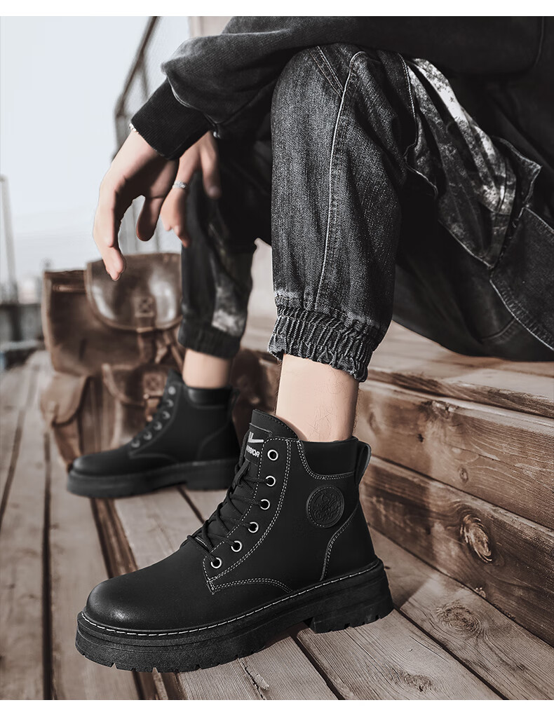 Huili Men's Shoes, 2025 Autumn And Winter New Style Men's Martin Boots, Workwear-Inspired Yellow Boots, High-Top Hiking Shoes, Black, Size 37 7