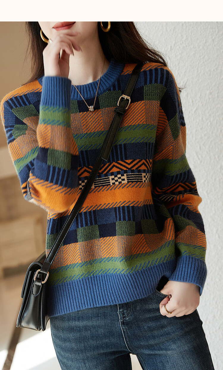 Dme [Color Block Knit Sweater] Spring And Autumn Commuter Round Neck Loose Drop Shoulder Long Sleeve Slightly Stretchy Women's Sweater, Orange, Size S 11
