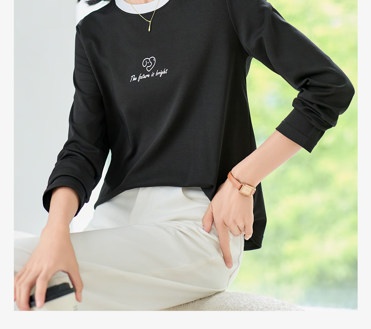 Chushen Women's Spring and Autumn Long Sleeve T-Shirt Pure Cotton Basic Loose Letter Print Crew Neck Top S143T2013 1