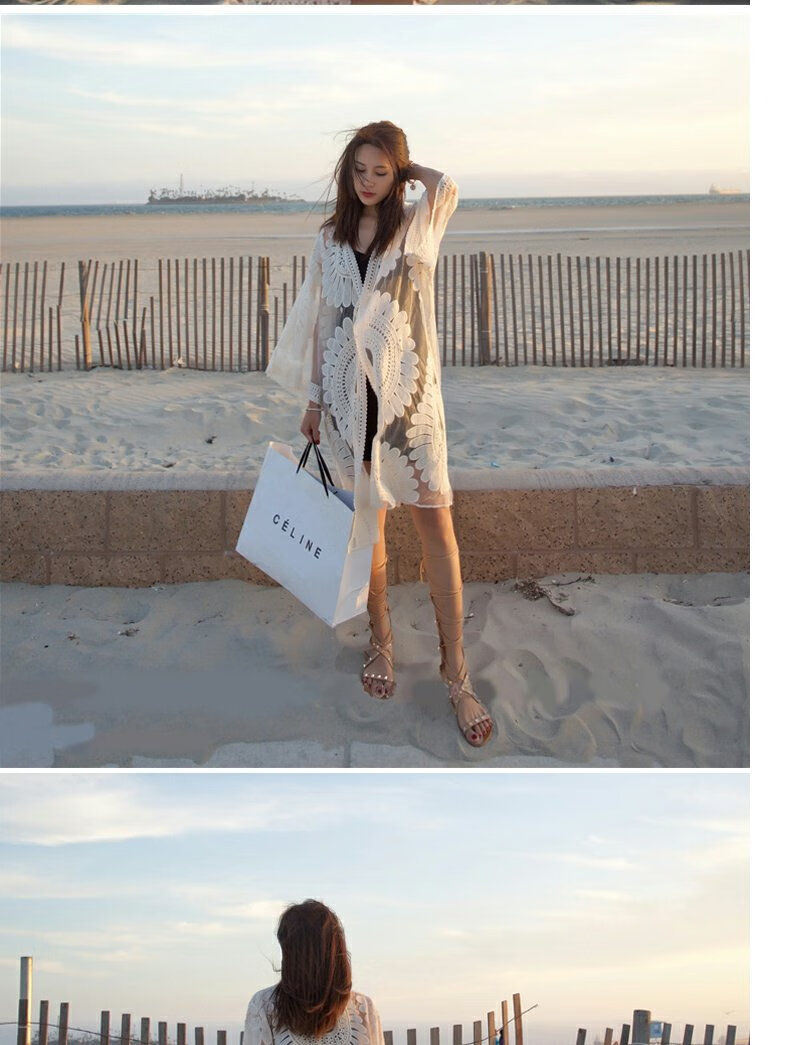 DK Seaside Sun Protection Clothing, Beach Cardigan Swimwear, Shawl Cover-Up, Hot Spring Mesh Jacket, Outer Wear, White 5