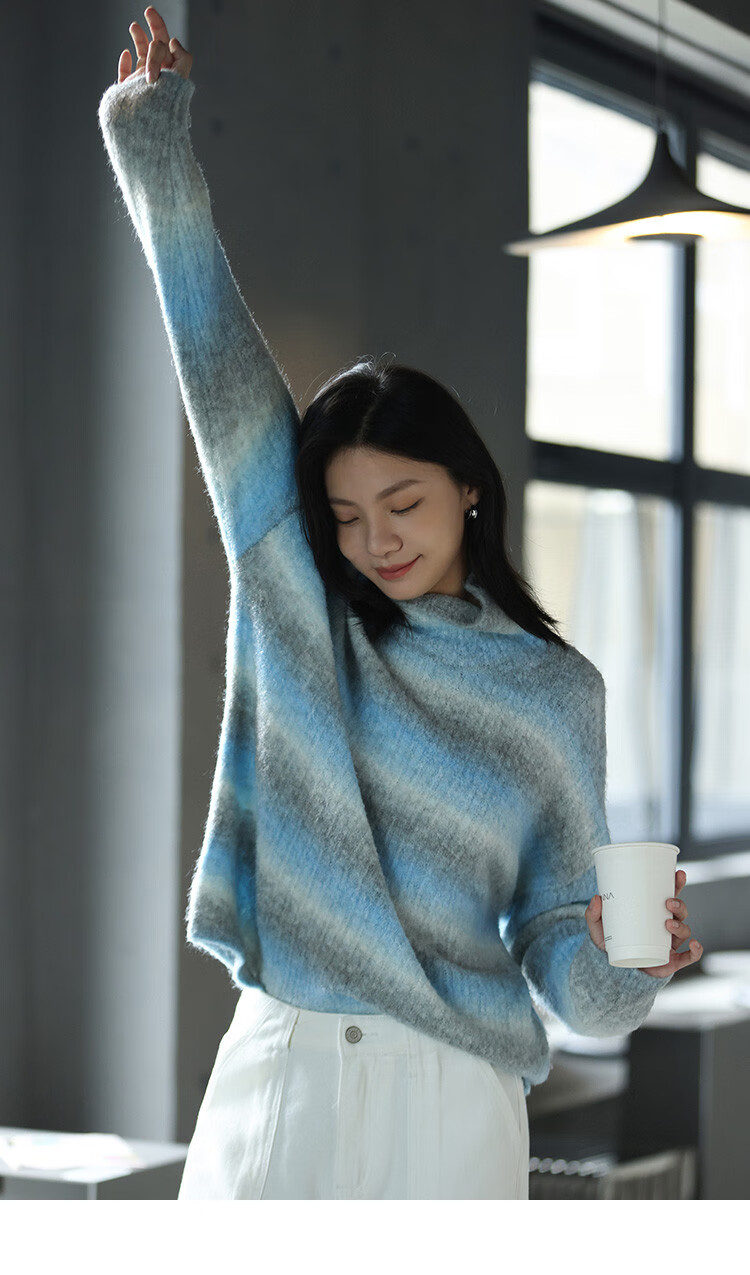 Dme [Sea Salt Layered Knit Sweater] Winter Style Artistic Healing Gray-Blue Gradient Soft Sweater for Women, Blue-Gray, S 11
