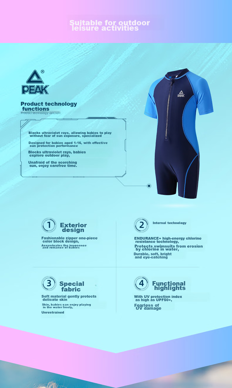 PEAK Children's Swimsuit, Boys' Student Swimwear, Baby And Older Children's One-Piece Swim Trunks, Boys' Short-Sleeve Surfing Suit Set YS11131 Blue And White 130 8