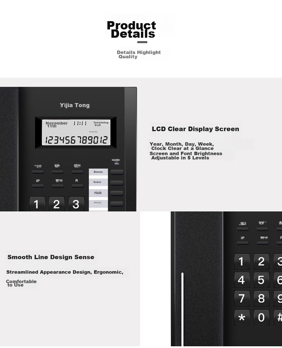 Yijiatong Office Telephone T79 Pro, Home Landline Phone, Stylish Business Office Caller ID, Office/Home/Business, Black Dual Interface 14
