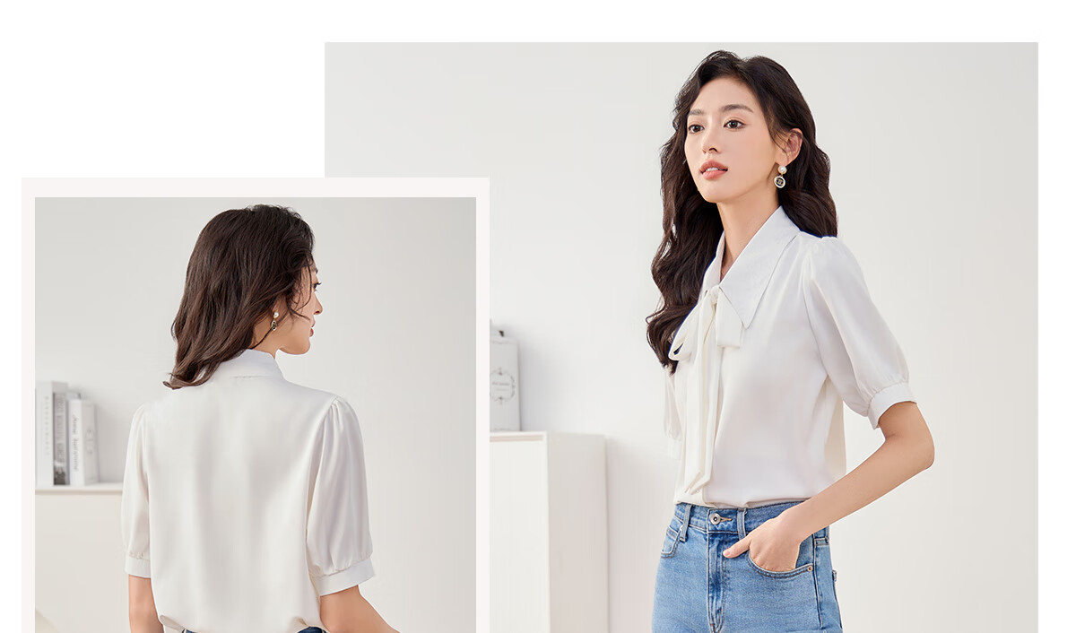 Chushen Long-Sleeve Shirt for Women, Elegant Lapel Design with Bow Tie, Casual White Blouse S13KC2990 Size M 15