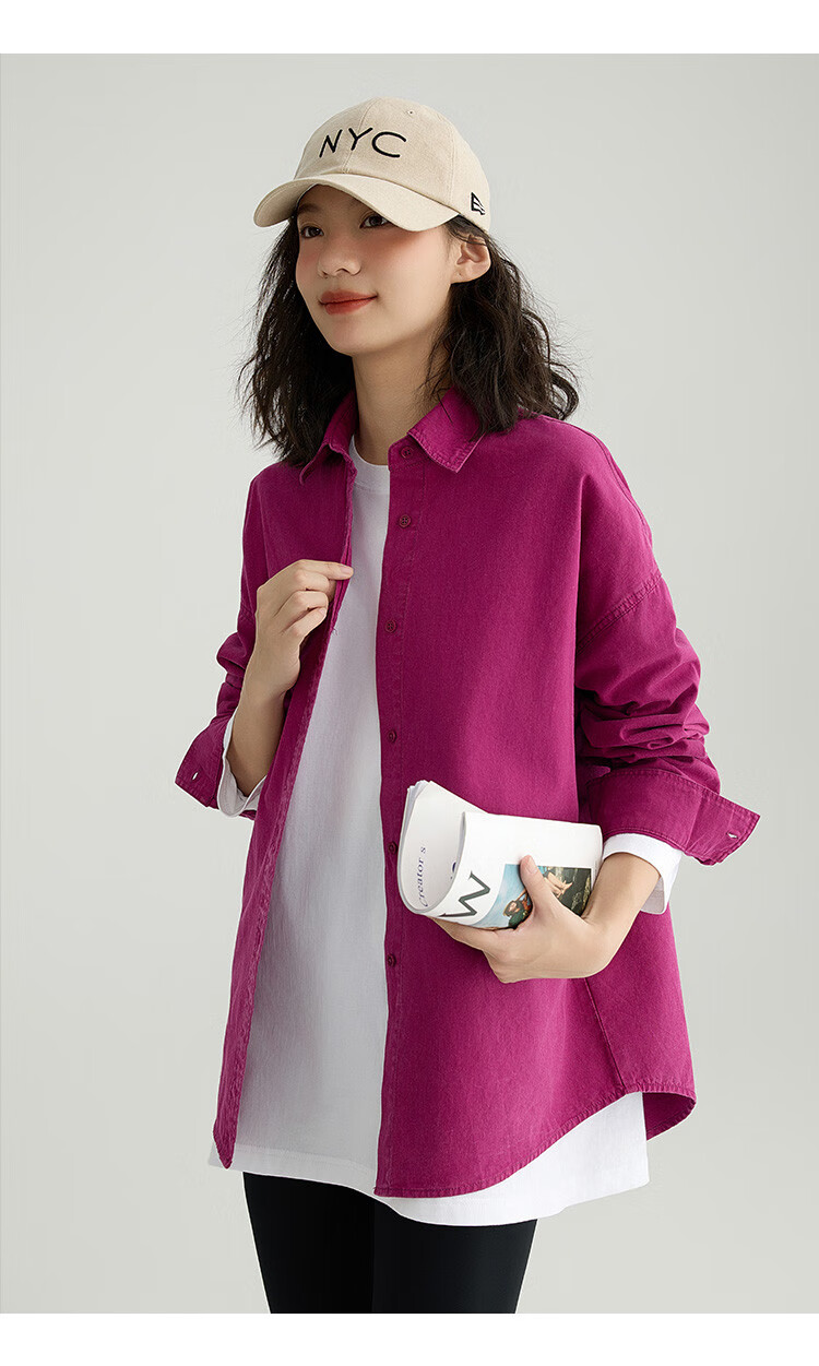 Dme Vintage Washed Spring Elegant Magenta Loose Fit Turndown Collar Long Sleeve Blouse for Women, Purple-Red, Size M 10