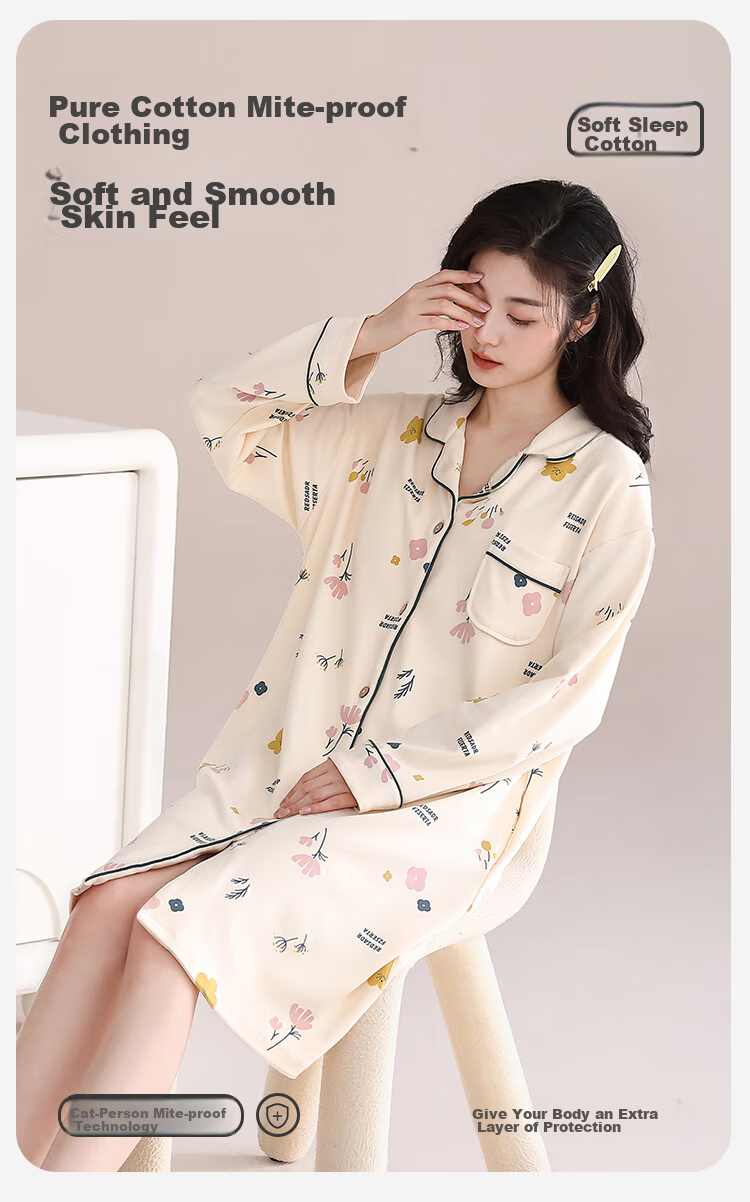 MiiOW [Anti-Mite Antibacterial Pure Cotton] Women's Nightgown with Chest Pads, Floral Print Cardigan, Plus Size Loungewear, Apricot Color, XL 2