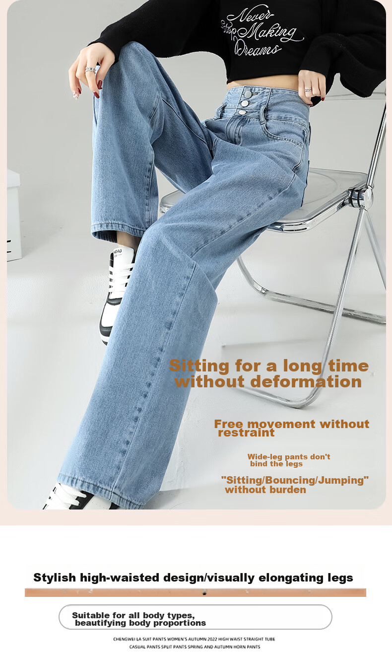 LangSha Women's Jeans, Spring And Summer Three-Button High-Waist Loose Wide-Leg Pants, Slimming Thin Vintage Straight-Leg Trousers for Wome 3