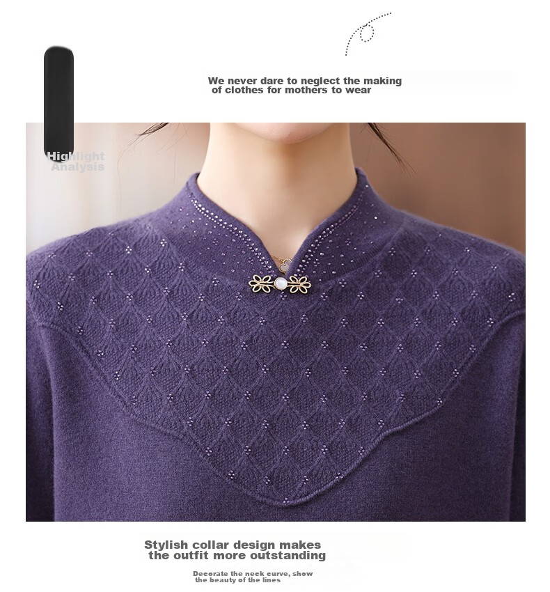 Hengyuanxiang Women's 100% Pure Wool Sweater, New Chinese Style Middle-Aged Mom's Outfit, 50-60 Years Old Stylish Zodiac Year Base Layer Red Sweater 7