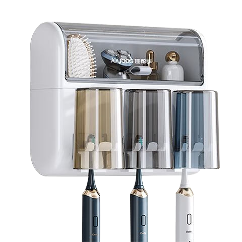 Jiabangshou Toothbrush Holder, No Drilling Required, Mouthwash Cup, Bathroom Wall-Mounted Storage Rack, Wall-Hanging Toothbrush Cup, 4 Cups