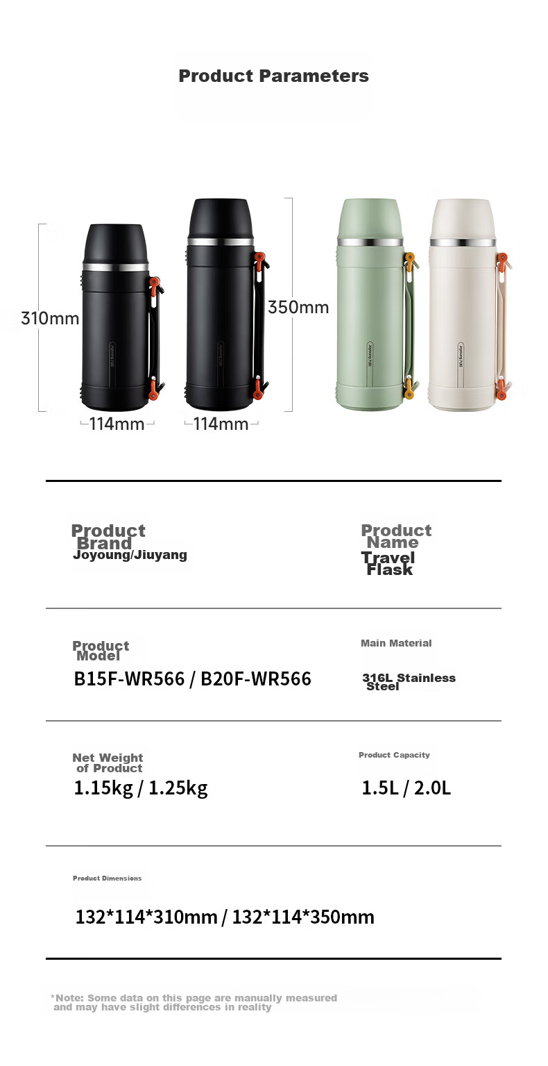 Joyoung Insulated Bottle, 316L Stainless Steel, Large Capacity Thermos, Hot Water Bottle, Carrying Handle And Shoulder Strap, Outdoor Travel Flask 17
