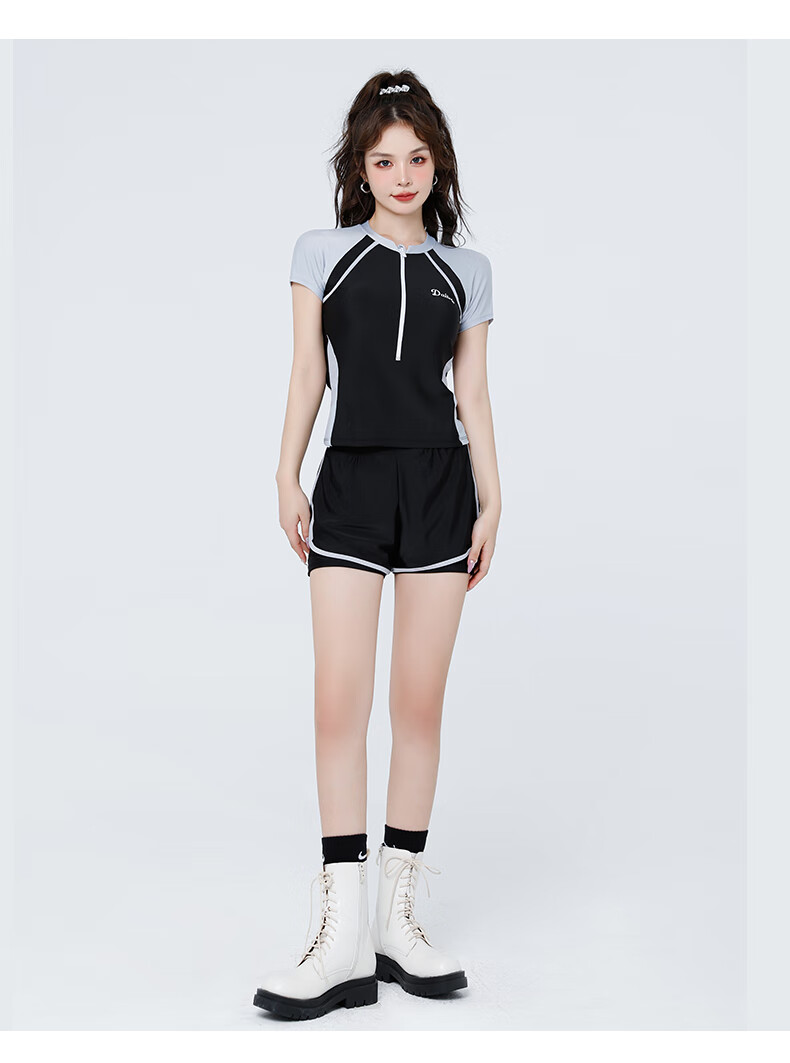F.DYRAA Women's High-End Two-Piece Swimsuit with Short Sleeves, Conservative And Slimming, Suitable for Hot Springs And Swimming Pools, Four-Piece Set, 12034 Black And Gray, Size M 15