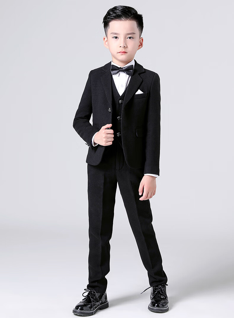 Luomeng Children's Suit Set for Boys, Flower Boy Formal Wear, Autumn Wool Suit for Piano Performance, Black Wool 5-Piece Set, Size 160 5