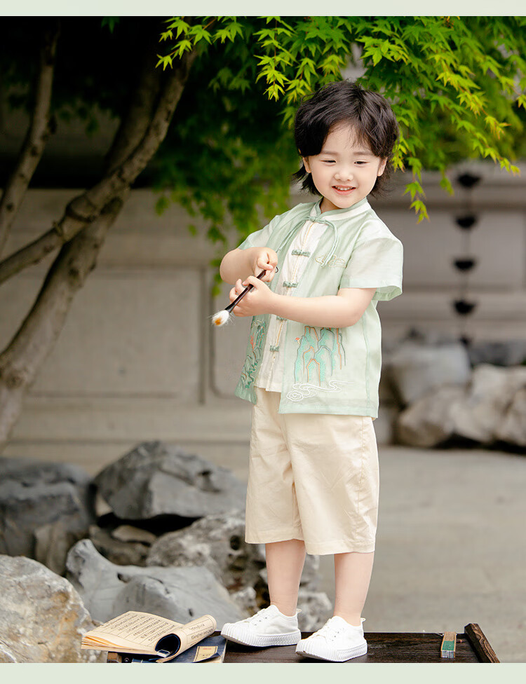 Menghu Xishan Hanfu Boys' 2026 New Tang Suit, Chinese Style New Children's Outfit, Green Top, Size 90 14