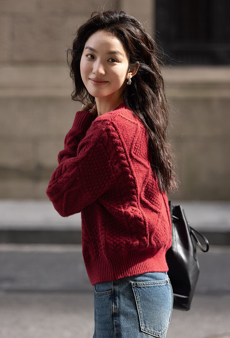 Dme [Romantic Red Knit Sweater], Spring And Autumn Round Neck Pullover Cable Knit Long-Sleeve Warm Sweater for Wome 6