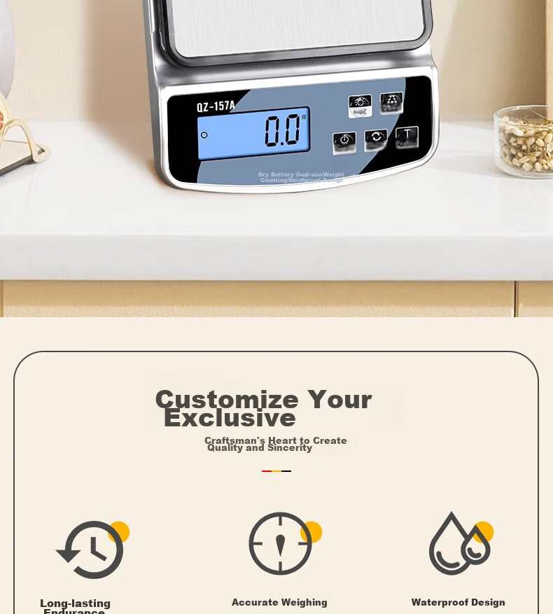 BJ Electronic Kitchen Scale, Stainless Steel Weighing Surface, Baking Scale, Gram Scale, Waterproof Food Scale, 15kg/1g Capacity Scale 2