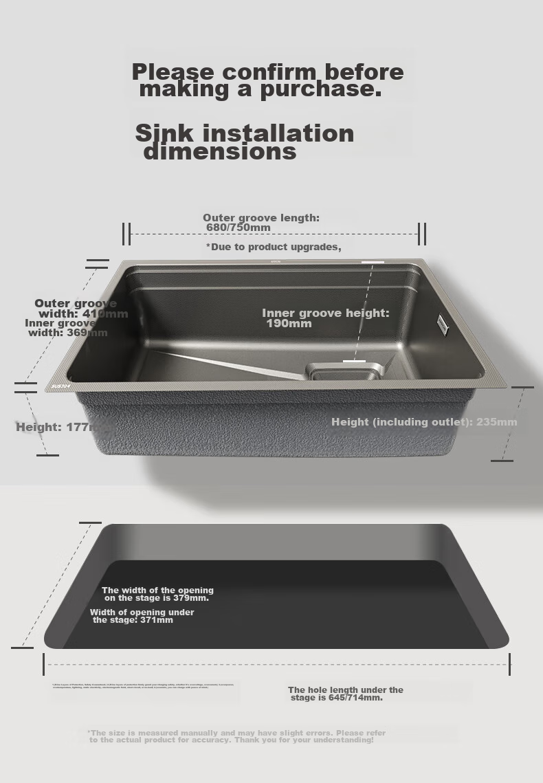 ARROW Kitchen Large Single Bowl, 304 Stainless Steel Embossed Sink, Nano-Embossed Vegetable Washing Basin, Undermount Sink 27