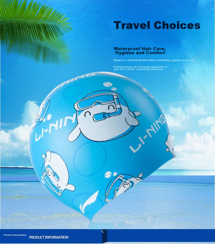 Li-Ning Children's Swimming Cap, Silicone Long Hair, Cute Non-Binding Cartoon Print Swim Cap for Boys And Girls, LSJN910-2 Pink 2