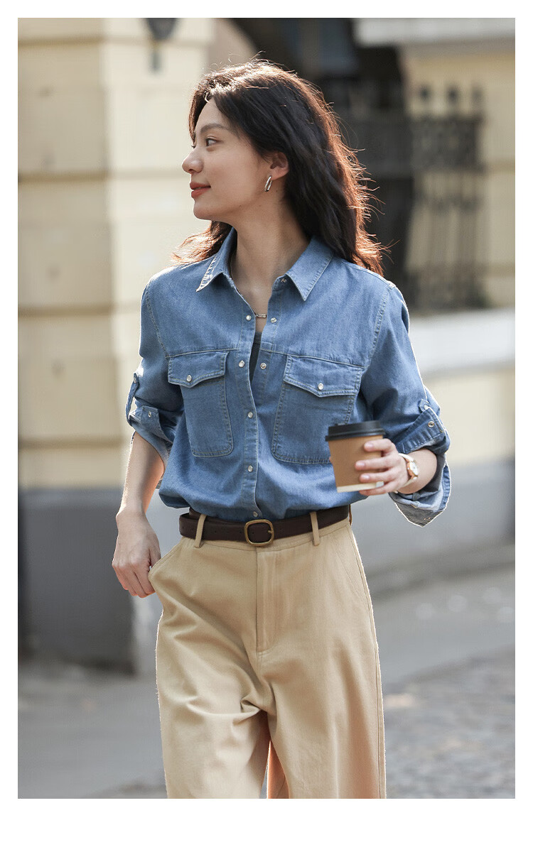 Dme Vintage Washed Color Spring And Autumn Women's Fashion High-End Denim Shirt Layered Base Top Blouse 2