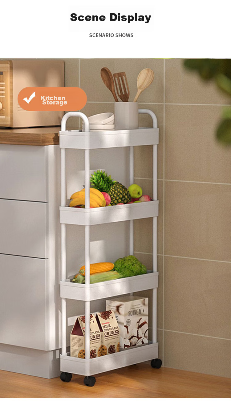 Ourunzhe Narrow Storage Rack, Kitchen Organizer Shelf, Slim Gap Trolley, Living Room And Bathroom Crevice Storage Shelf, Four-Tier with Handle 5