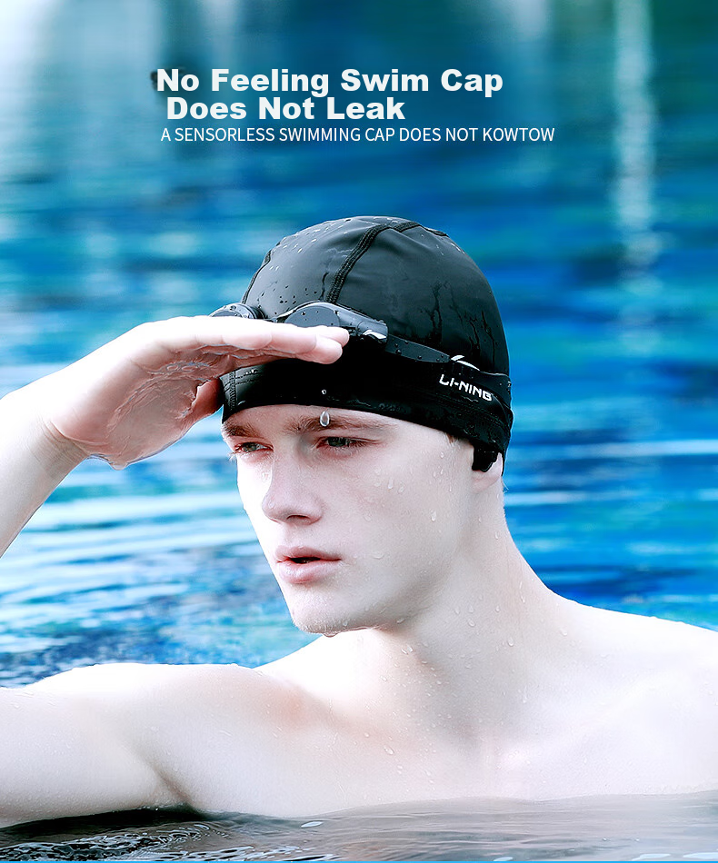 Li-Ning Swimming Cap for Men And Women, PU Coated Long Hair Waterproof Swim Cap, Ear Protection Comfortable Non-Binding LNMT856/LNMT858-1 Black 2