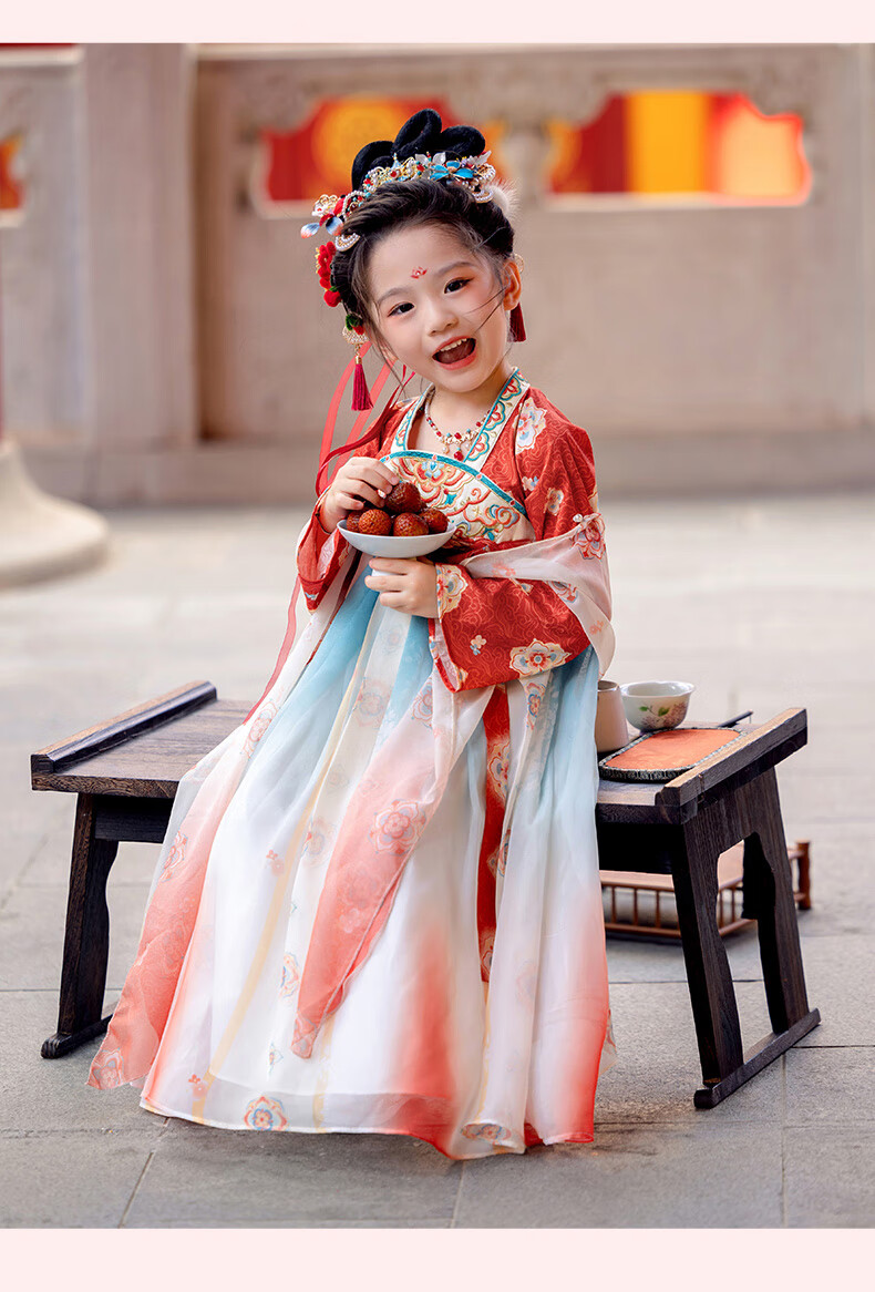 Menghu Yaoguang Hanfu Girls' Traditional Chinese Style Spring and Autumn New Children's Ruqun Dress Red 120cm 12