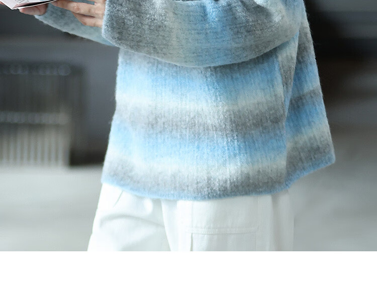 Dme [Sea Salt Layered Knit Sweater] Winter Style Artistic Healing Gray-Blue Gradient Soft Sweater for Women, Blue-Gray, S 14