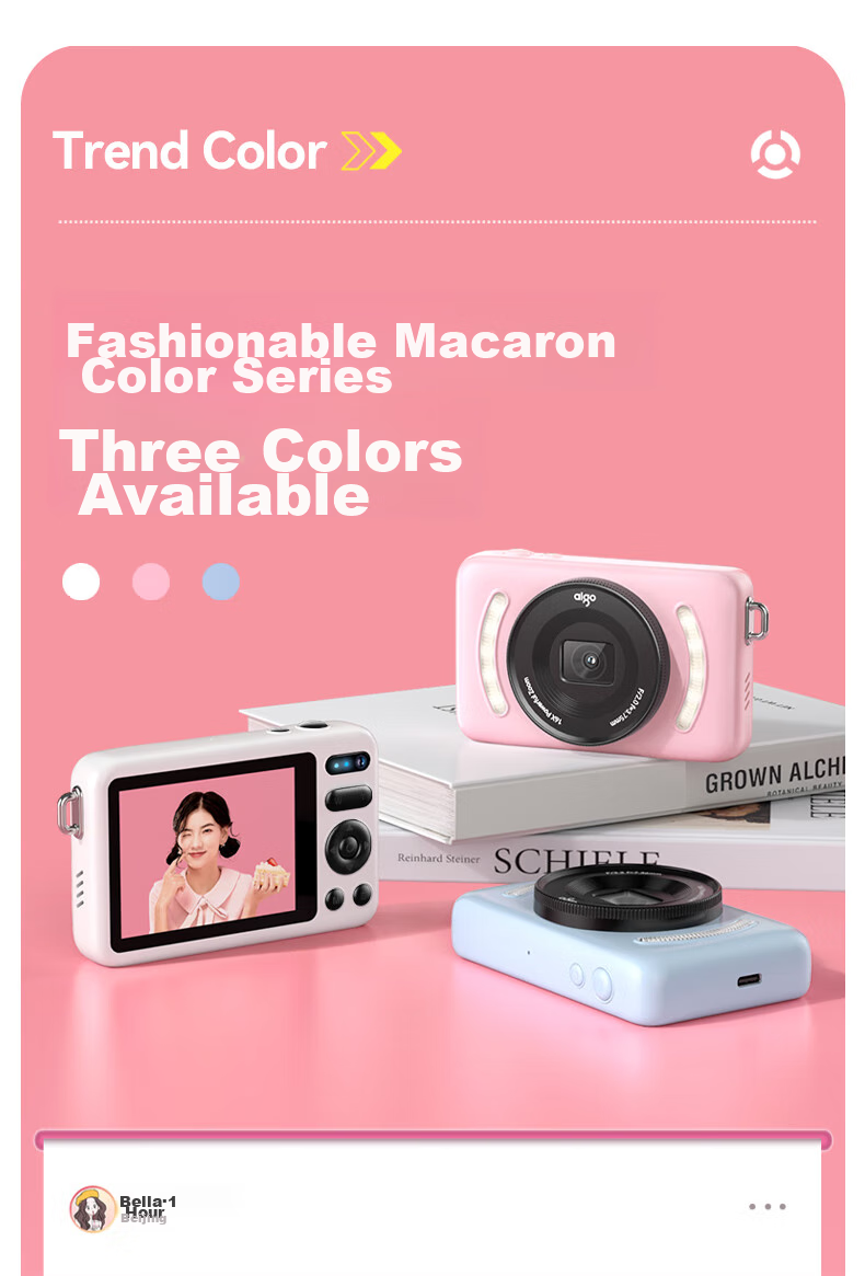 Aigo E3 Student Digital Camera, Compact Card Camera for Girls, High-Definition Campus Travel Birthday Gift Alternative, CCD Dual Rear Cameras with Selfie Function, 32GB Pink 12