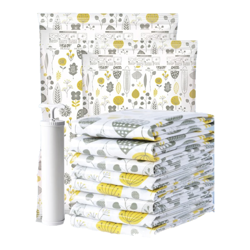 DR.STORAGE Vacuum Storage Bags for Bedding And Clothes Organization, Travel Packing Cubes, Fashionable Banana Leaf Design with 4 Large And 6 Medium Sizes, Includes Hand Pump