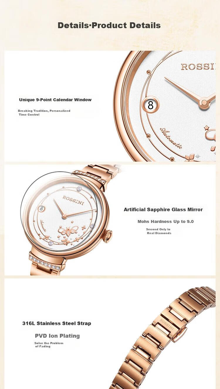 ROSSINI Women's Automatic Mechanical Watch with White Dial And Steel Strap, Birthday Gift for Girlfriend, Chinese Brand, Water-Resistant, Luminous 14