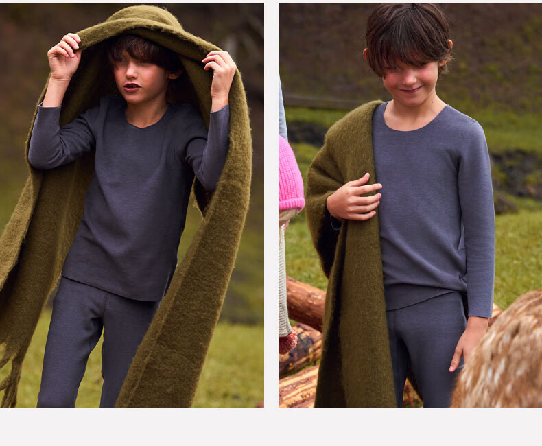 Aimer Kids Thick Warm Boys' Thermal Underwear Set with Round Neck, Cuttable, Autumn Thermal Top And Pants, Charcoal Black, Size 170 13