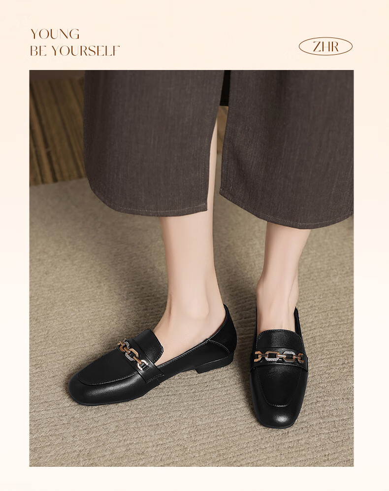 ZHR Flat Women's Shoes for Spring And Autumn, Slip-On Loafers, Versatile Commuter Shoes with Soft Soles, Leather Shoes AH608 Black Size 38 13